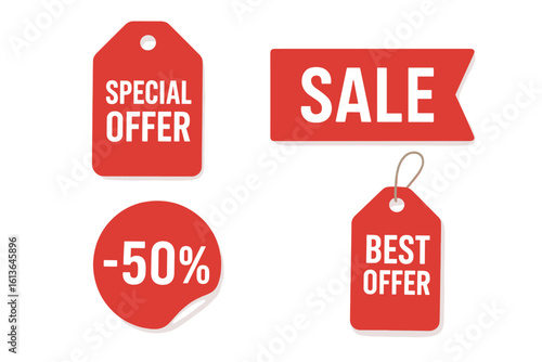 Red price tags collection. Special offer and shopping discount label. Sticker, ribbon and tags. Modern promotional sale badges set for retail product marketing.