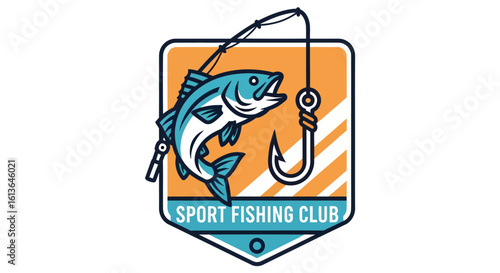 Leaping blue and white fish caught on a fishing hook sport fishing club logo.