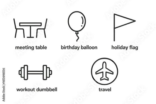 Event categories icon set. Vector line icons for business meeting, birthday party, holiday celebration, fitness workout, and air travel. Simple outline pictograms.