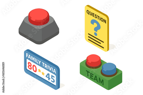 Family trivia game night vector icon set. Isometric illustration of a quiz buzzer, question card, scoreboard, and team buttons. Fun leisure activity for home entertainment.