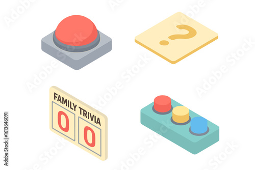 Family trivia game icon set isometric vector illustration. Game show kit with quiz buzzer, question card, scoreboard, and team buttons for a fun competition concept.