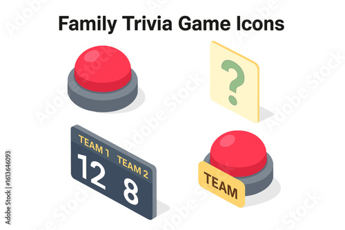 Family trivia game night icon set. Isometric vector illustration of quiz elements like a red buzzer button, question card, and scoreboard for a fun team competition.
