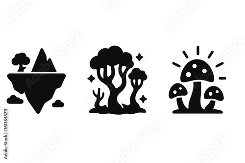 Fantasy realm solid icon set with otherworldly elements. Black glyph symbols of a floating island, magic forest, glowing mushrooms. Vector silhouette for a video game.