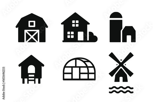 Farm building icon set. Solid glyph pictograms of rural agriculture. Vector collection with barn, farmhouse, silo, chicken coop, greenhouse, and windmill for farming concepts.