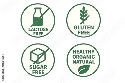 Lactose free, gluten free, sugar free, natural organic food labels. Healthy diet icon collection for package design. Allergen free green vector product stickers set.