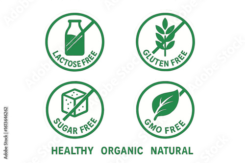 Lactose free, gluten free, sugar free, GMO free green labels. Set of vector icons for healthy, organic, natural food packaging. Allergen diet product stickers and symbols.