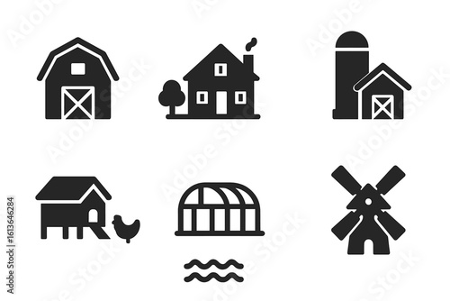 Farm building icon set. Solid glyph collection of rural agriculture symbols. Vector silhouette illustrations of barn, farmhouse, silo, chicken coop, greenhouse, and windmill.