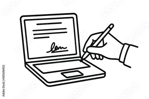 E-signature concept with hand signing a digital document on a laptop screen. Electronic contract or agreement validation. Online signature technology for modern business vector.