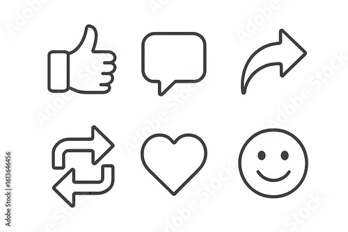 Vector line icons for social media engagement. Like, comment, share, repost, heart, and smile symbols. Thumbs up, chat bubble, and emoji reactions for network app interface.