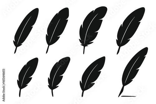 Black feather vector icon set isolated on white. Simple bird plumelet silhouette collection. Quill for writing symbol. Boho, tribal, native american decorative graphic element.