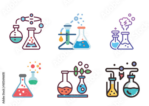 Chemistry flasks and beakers flat icons collection with scientific experiments