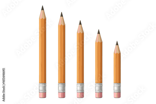 Realistic wood pencils vector set in various lengths. Graphite pencil with eraser icon for school, office, education, and art supply. Stationery for drawing and writing.
