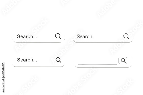 Search bar vector set for web and app design. User interface element collection with various search boxes, forms, and templates. Modern navigation panel with magnifying glass icon.