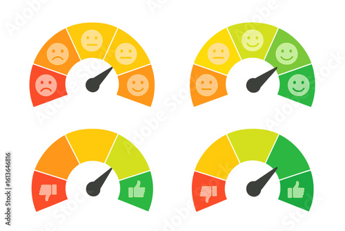 Customer satisfaction meter set with emotions scale for feedback. Rating survey concept with smiley face icons and like or dislike symbols for service review and quality score.
