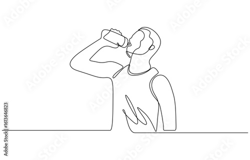 Continuous one line drawing of Man drink energy water from bottle vector illustration. Editable outline