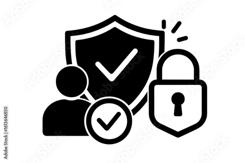 Cybersecurity and data protection concept. User authentication and secure login icon. Privacy policy and account access control. Verification with checkmark, shield, and padlock.