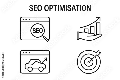 SEO optimisation web icon set. Search engine optimization concept for business growth, website traffic analytics, and marketing target. Vector line art for digital strategy.
