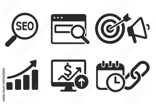 SEO and digital marketing line icon set. Web analytics, search engine optimization, target advertising, PPC, financial growth, link building vector pictogram collection.