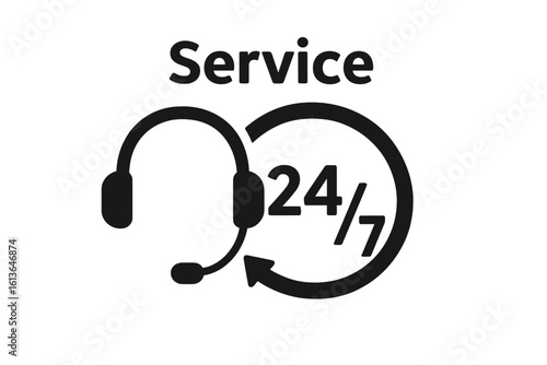 24 7 service icon. Twenty four hours a day, seven days a week support sign. Round the clock customer assistance concept. Always open symbol for business. Non-stop help desk.