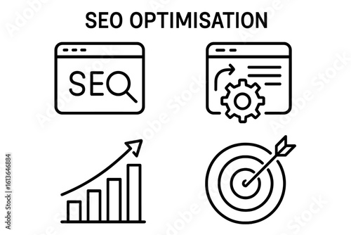 SEO optimisation web icon set. Search engine marketing strategy, keyword research, ranking growth, traffic increase and target audience concept. Business vector pictogram.