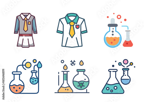 School Uniforms and Scientific Equipment Illustration Set for Academic Purposes