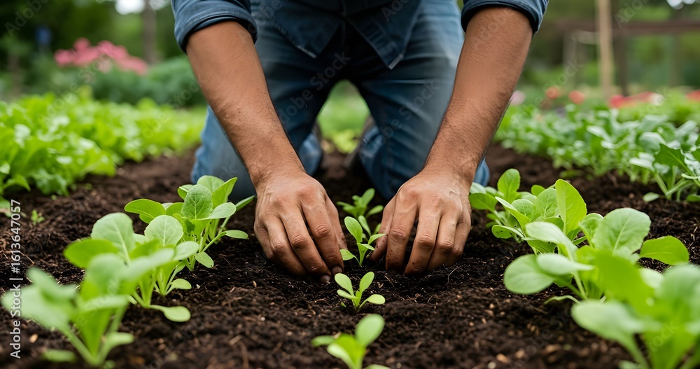 Organic Seedling Planting, Kneeling Gardener Hands Only Organic Seedling Planting, Kneeling Gardener Hands Only