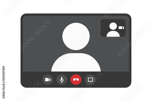 Video call screen template for online meeting. Vector conference interface mockup. Communication app display for remote work, webinar or chat. User profile avatar icons.