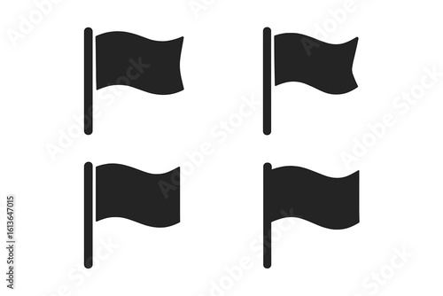 Set of 4 black flag icons. Flags silhouette collection. Waving flag symbol. Vector mark sign for location map pin. Pennant banner pictogram. Minimal glyph element design.