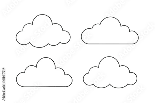 Set of 4 cloud line icons. Simple weather outline symbol collection. Cloud computing technology concept. Network storage server logo element. Flat cartoon vector illustration.