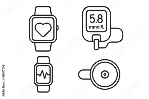 Digital health and wearable technology line icon set. Vector icons of a smartwatch for heart rate monitoring, a glucometer for diabetes, and a glucose biosensor.
