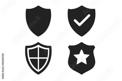 Set of security shield icons. Black glyph symbols for safety and protection. Includes checkmark for verified guarantee, and a police badge with star for authority. Vector.