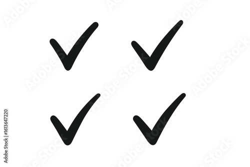 Hand drawn check marks vector set. Black brush stroke doodle checkmark icons. Tick symbol collection. Correct, approved, yes sign. Vote button, task done, checklist element.