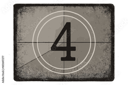 Vintage film countdown leader on screen. Retro movie intro with timer number four. Old cinema starting frame with grunge texture. Silent film look background. Vector illustration.