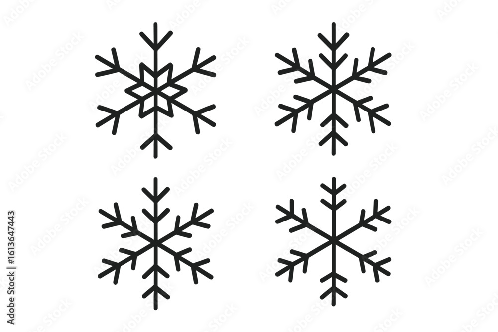 Set of four snowflake icons. Simple thin line art symbols. Winter and Christmas decoration elements. Flat vector illustration isolated on white background. Cold weather concept.