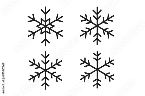 Set of four snowflake icons. Simple thin line art symbols. Winter and Christmas decoration elements. Flat vector illustration isolated on white background. Cold weather concept.