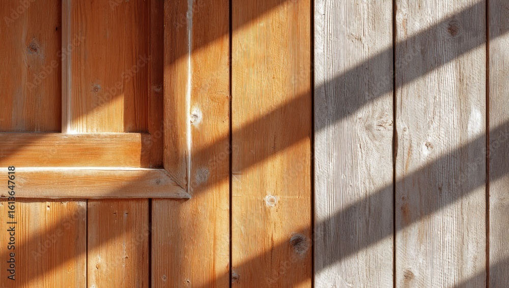 Sunlight casts diagonal shadows on light brown wooden planks Sunlight casts diagonal shadows on light brown wooden planks