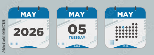 Modern Calendar icon. May. 2026 5 day. The concept of waiting for an important date. Day calendar with date May 5. Cheklist day calendar. Vector illustration