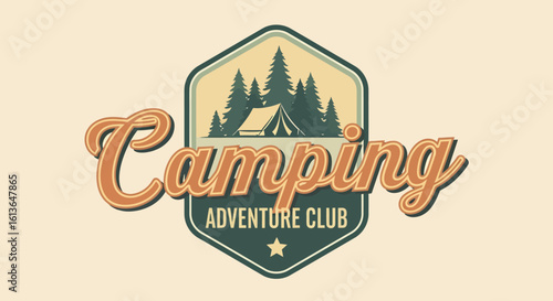 Retro Camping Adventure Club Logo with Tent and Evergreen Trees Illustration.