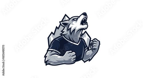 An illustration of a fierce wolf mascot roaring with clenched fists, wearing a dark t-shirt against a jagged background.