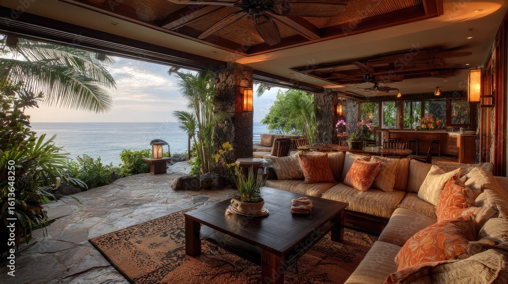 Fototapeta premium Luxurious open-air living room with ocean views