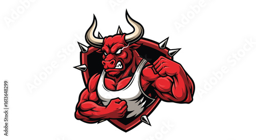 A muscular red bull mascot wearing a tank top, flexing its biceps in front of a spiked shield.
