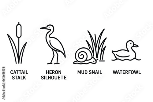 Wetland life line icon set. Simple vector icons of marsh and pond wildlife. Cattail reed, heron bird, waterfowl duck, and snail. Nature ecosystem minimalist graphic symbols.