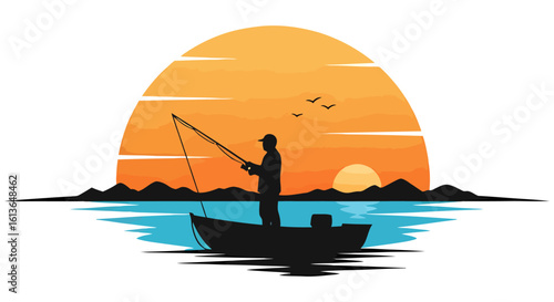 Silhouette of a fisherman in a boat at sunset casting his line.