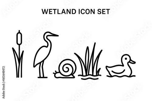 Wetland icon set. Line art vector symbols of marsh landscape. Wildlife collection with heron, waterfowl, duck, snail, cattail reed, grass. Ecology and nature concept.