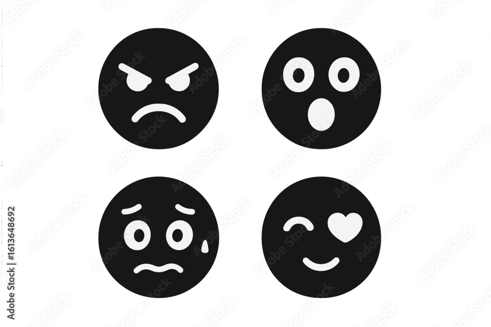 Expressive emoticon and emoji solid icon set. Black glyph vector illustration of emotions and expressions. Angry, amazed, anxious, affectionate faces collection. Expressive emoticon and emoji solid icon set. Black glyph vector illustration of emotions and expressions. Angry, amazed, anxious, affectionate faces collection.