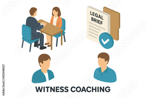 Witness coaching and preparation isometric icon set. Lawyer and client in legal consultation. Court testimony practice, legal brief document, and character avatars vector.