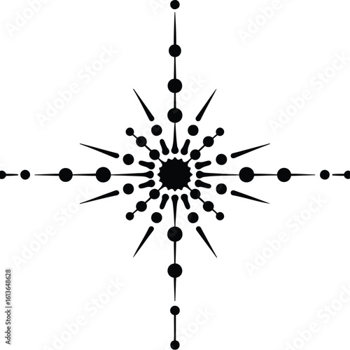 Abstract black geometric starburst symbol with a jagged core and radiating arms made of circles and sharp spikes.
