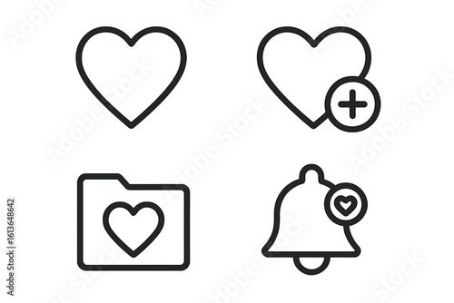 Wishlist and favorites outline icon set. Includes heart symbol, add to wishlist button, favorite items folder, and notification bell. UI UX vector graphic elements for web and app design.