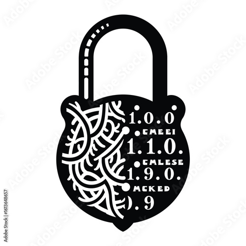 Stylized Black Padlock with Intricate White Details and Version Numbers.