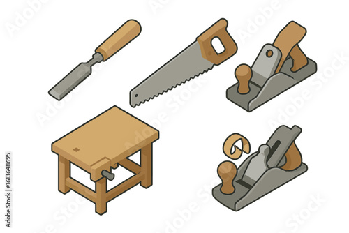 Woodworking tools isometric icon set. Carpentry and craftsmanship vector collection with saw, chisel, hand plane, and workbench. DIY woodshop equipment for joinery hobby.